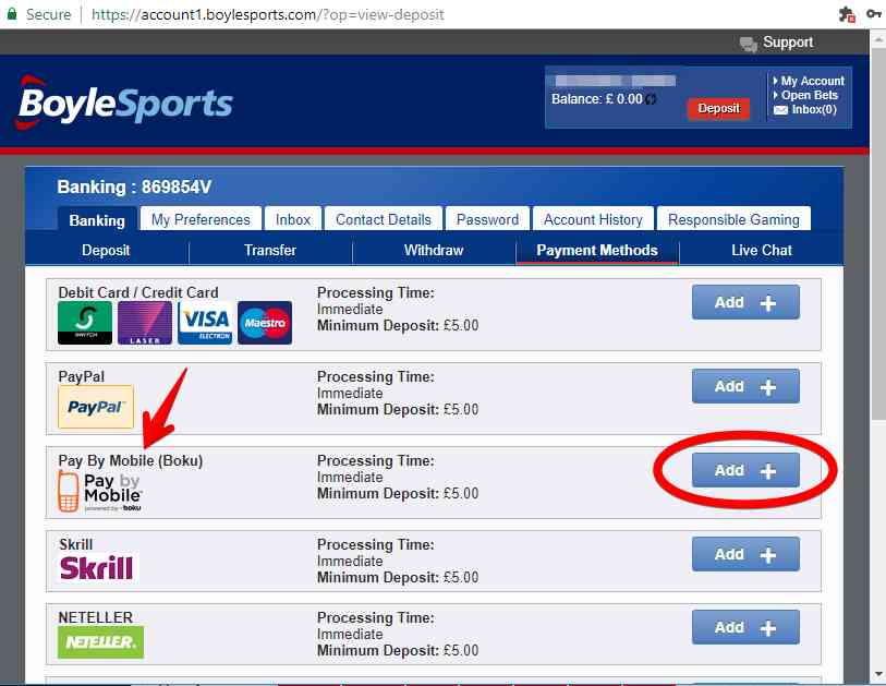 Boylesports screenshot showing where to find Boku in the list of deposit methods